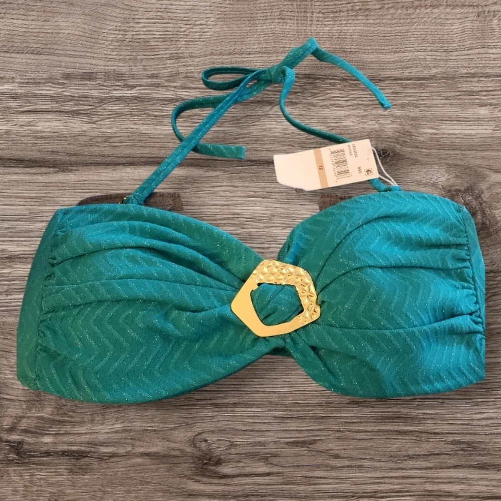 Trina Turk Teal Empire Bandeau Bikini Top, Adjustable & Tie Back Size 12